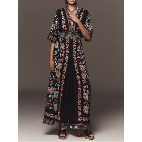 FARM Rio Pants - FARM Rio Black Floral-Embroidered Jumpsuit